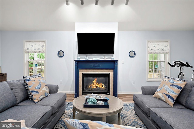 4 Abbey Cir, Ocean Pines, MD 21811 - living area featuring wood finished floors, a glass covered fireplace, and baseboards