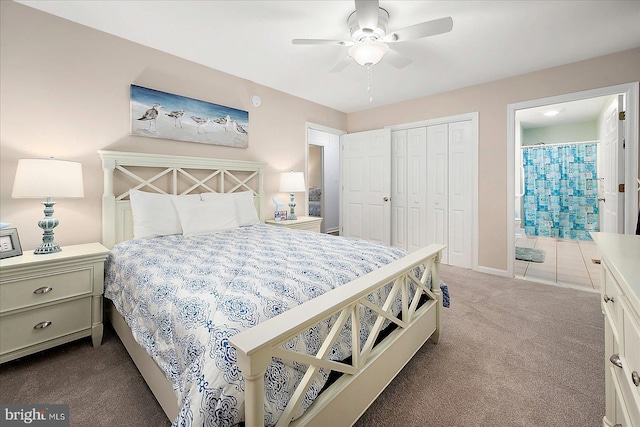 4 Abbey Cir, Ocean Pines, MD 21811 - bedroom featuring dark colored carpet, a closet, ensuite bath, a ceiling fan, and baseboards