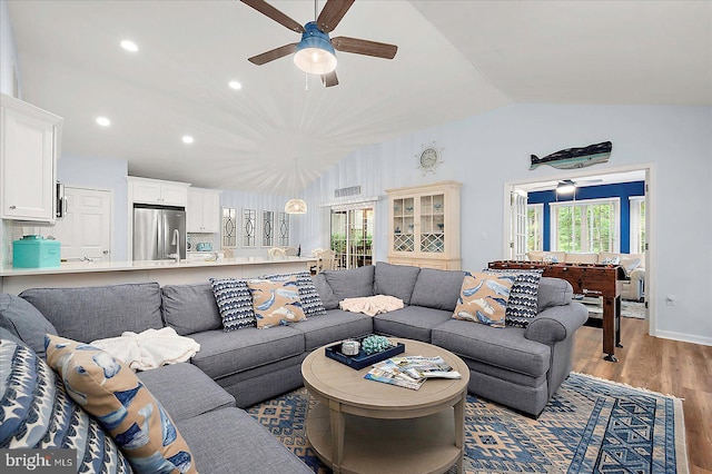4 Abbey Cir, Ocean Pines, MD 21811 - living area featuring vaulted ceiling, a ceiling fan, wood finished floors, and recessed lighting
