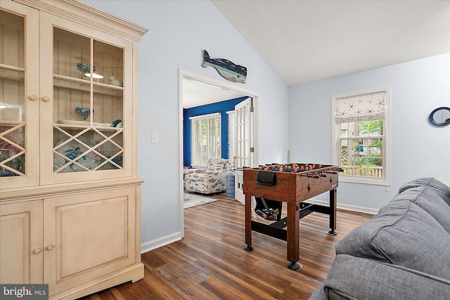 4 Abbey Cir, Ocean Pines, MD 21811 - recreation room featuring lofted ceiling, dark wood-style flooring, and baseboards