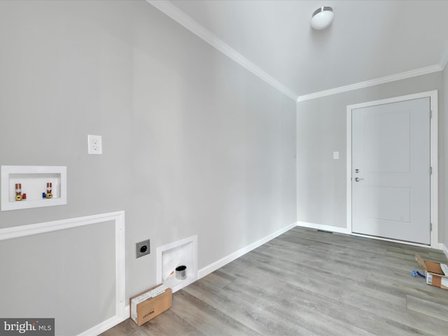 864 Wynonah Dr, Auburn, PA 17922 - washroom featuring hookup for an electric dryer, washer hookup, crown molding, wood finished floors, and baseboards