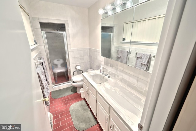 100 W Ave, Hanover, PA 17331 - full bathroom with tile patterned flooring, toilet, vanity, a shower stall, and tile walls