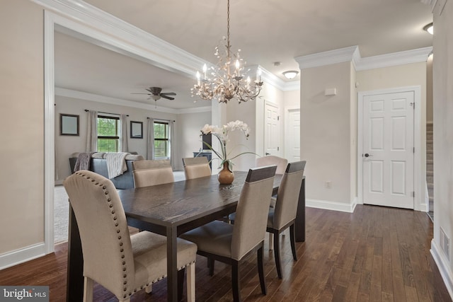 2005 Golden Ct, Mechanicsburg, PA 17055 - dining area with dark wood-style flooring, a chandelier, baseboards, crown molding, and a ceiling fan