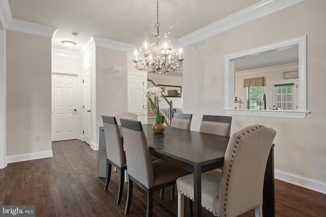 2005 Golden Ct, Mechanicsburg, PA 17055 - dining room featuring dark wood-type flooring, baseboards, ornamental molding, and a chandelier