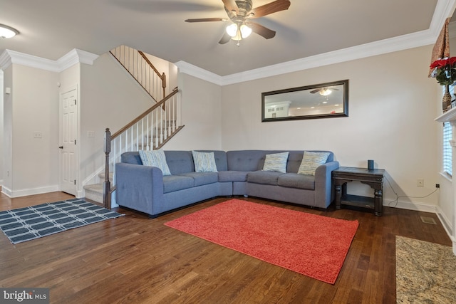 2005 Golden Ct, Mechanicsburg, PA 17055 - living room featuring wood finished floors, stairway, baseboards, ceiling fan, and crown molding