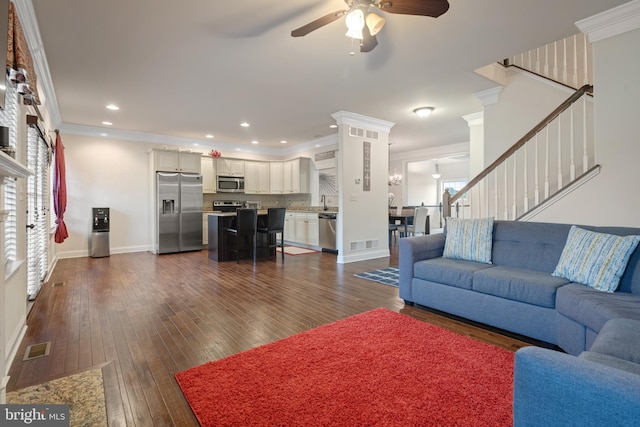 2005 Golden Ct, Mechanicsburg, PA 17055 - living room featuring ceiling fan, stairway, crown molding, baseboards, and healthy amount of natural light