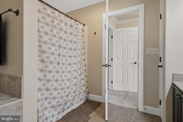 2005 Golden Ct, Mechanicsburg, PA 17055 - bathroom featuring tile patterned floors, crown molding, baseboards, vanity, and curtained shower