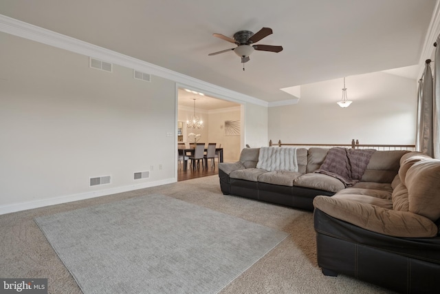 2005 Golden Ct, Mechanicsburg, PA 17055 - living area with carpet flooring, ceiling fan, a chandelier, crown molding, and baseboards