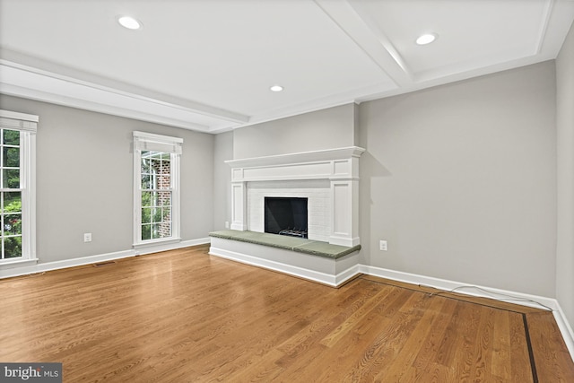 11904 Paradise Ln, Herndon, VA 20171 - unfurnished living room featuring a fireplace, wood finished floors, beam ceiling, baseboards, and recessed lighting