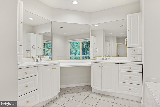 11904 Paradise Ln, Herndon, VA 20171 - bathroom with vanity, tile patterned floors, a bath, recessed lighting, and an enclosed shower
