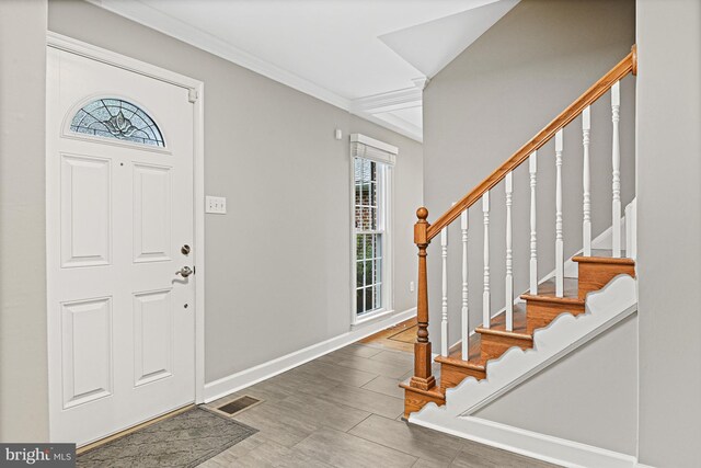 11904 Paradise Ln, Herndon, VA 20171 - entryway featuring stairway, baseboards, and crown molding
