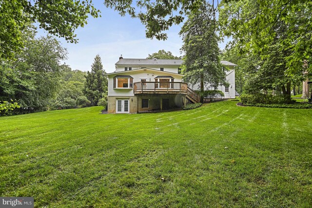 11904 Paradise Ln, Herndon, VA 20171 - rear view of property with a wooden deck, french doors, a lawn, and stairway