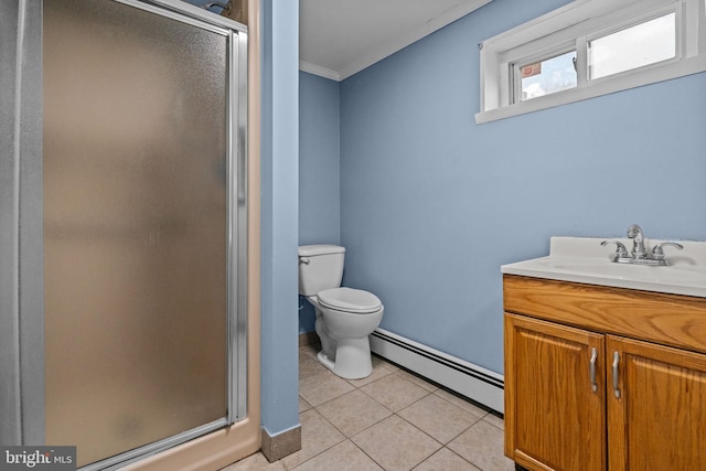 bathroom with baseboard heating, crown molding, a stall shower, toilet, and tile patterned flooring