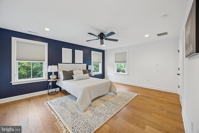 17 W Redman Ave, Haddonfield, NJ 08033 - bedroom featuring multiple windows, baseboards, light wood-style floors, recessed lighting, and ceiling fan