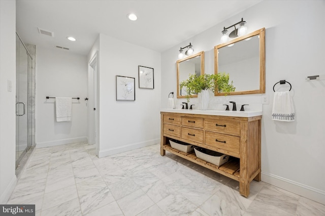 17 W Redman Ave, Haddonfield, NJ 08033 - full bath with marble finish floors, baseboards, double vanity, a stall shower, and recessed lighting