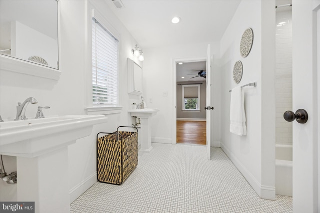 17 W Redman Ave, Haddonfield, NJ 08033 - full bathroom featuring recessed lighting,  shower combination, ceiling fan, tile patterned flooring, and baseboards