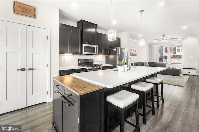 6034 Goshawk St, New Market, MD 21774 - kitchen featuring appliances with stainless steel finishes, wood finished floors, open floor plan, a kitchen island with sink, and dark cabinetry