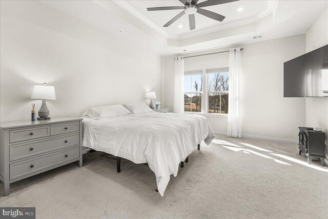 6034 Goshawk St, New Market, MD 21774 - bedroom featuring a wood stove, light carpet, a tray ceiling, baseboards, and recessed lighting