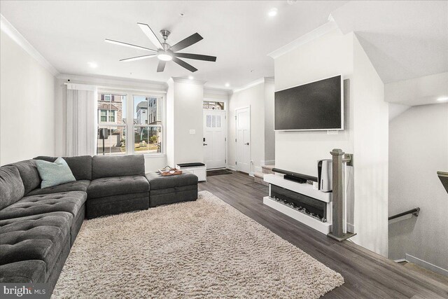 6034 Goshawk St, New Market, MD 21774 - living room featuring ornamental molding, dark wood-type flooring, a ceiling fan, baseboards, and recessed lighting