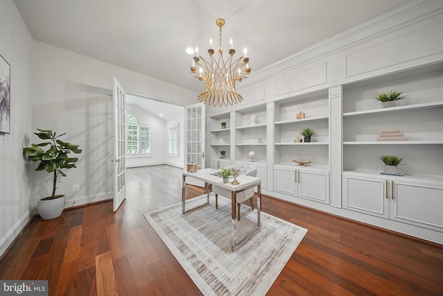 43582 Old Kinderhook Dr, Ashburn, VA 20147 - dining space with a chandelier, dark wood-style floors, a desk, baseboards, and recessed lighting