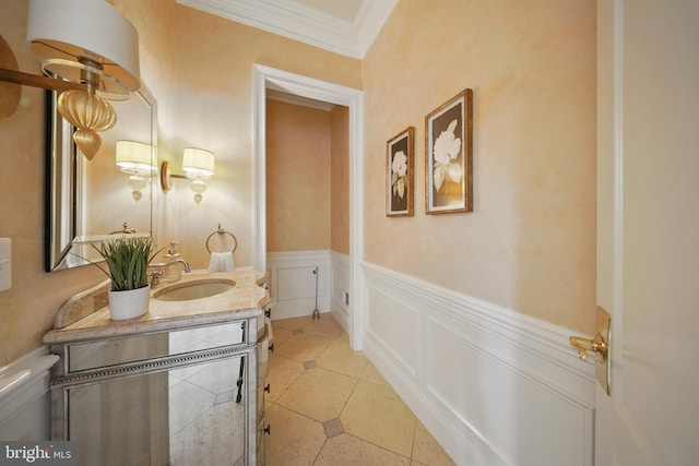 43582 Old Kinderhook Dr, Ashburn, VA 20147 - hall with a sink, a wainscoted wall, crown molding, and light tile patterned floors
