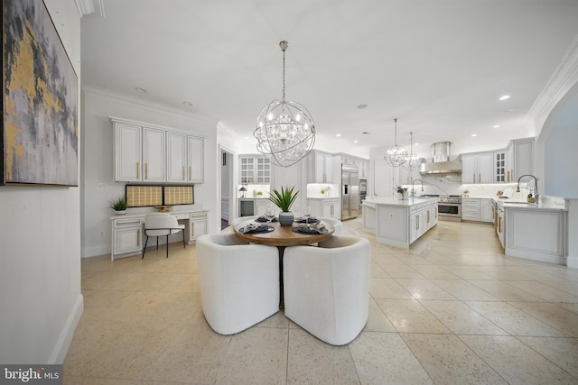 43582 Old Kinderhook Dr, Ashburn, VA 20147 - dining area with a chandelier, ornamental molding, baseboards, recessed lighting, and light tile patterned floors