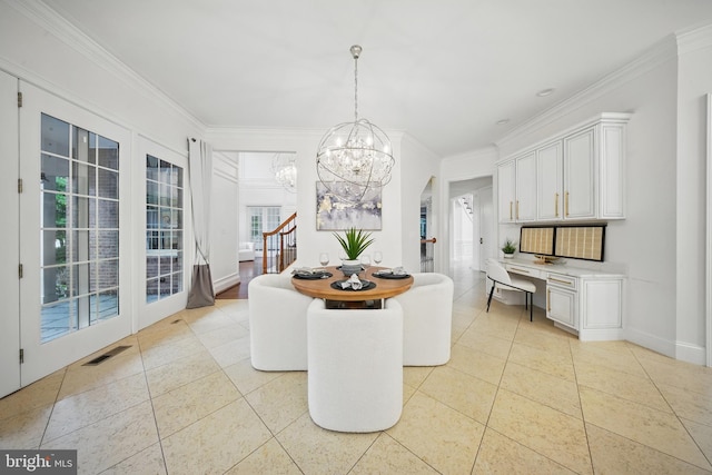 43582 Old Kinderhook Dr, Ashburn, VA 20147 - dining room featuring light tile patterned floors, crown molding, a chandelier, stairway, and baseboards