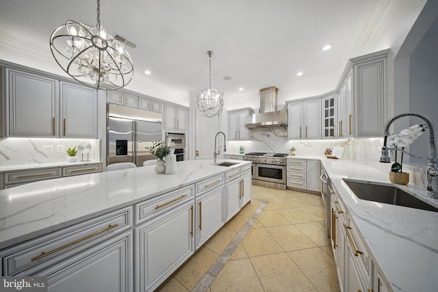 43582 Old Kinderhook Dr, Ashburn, VA 20147 - kitchen featuring inlaid floor details, a chandelier, high quality appliances, wall chimney exhaust hood, and a sink