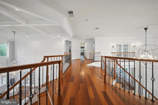 43582 Old Kinderhook Dr, Ashburn, VA 20147 - corridor featuring a chandelier, an upstairs landing, wood finished floors, crown molding, and recessed lighting