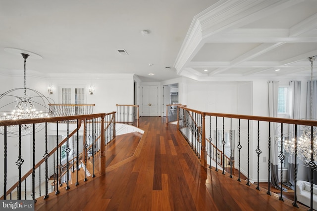 43582 Old Kinderhook Dr, Ashburn, VA 20147 - hallway with an upstairs landing, a chandelier, wood finished floors, recessed lighting, and ornamental molding