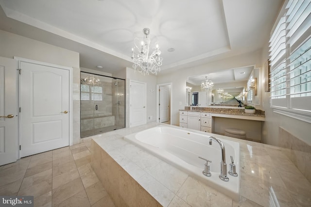 43582 Old Kinderhook Dr, Ashburn, VA 20147 - full bath with a chandelier, vanity, a shower stall, a bath, and healthy amount of natural light