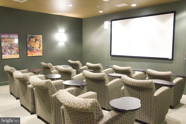 home theater room with carpet floors and recessed lighting