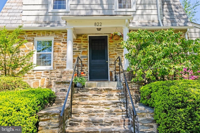 property entrance featuring stone siding