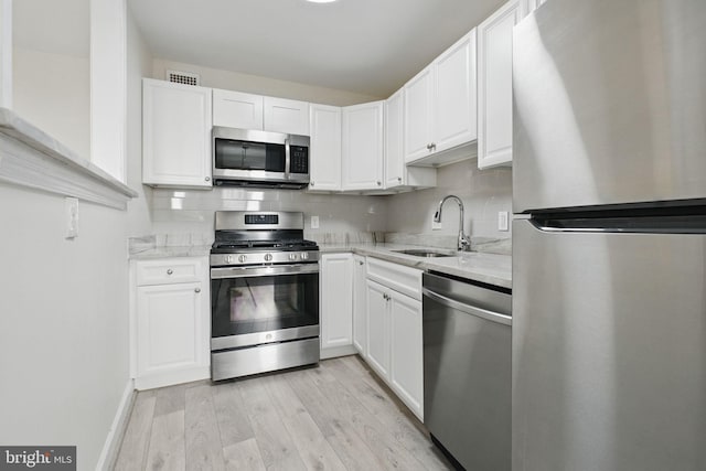kitchen featuring stainless steel appliances, a sink, backsplash, and white cabinetry