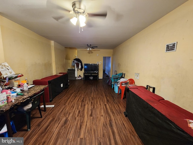 game room with wood finished floors and ceiling fan