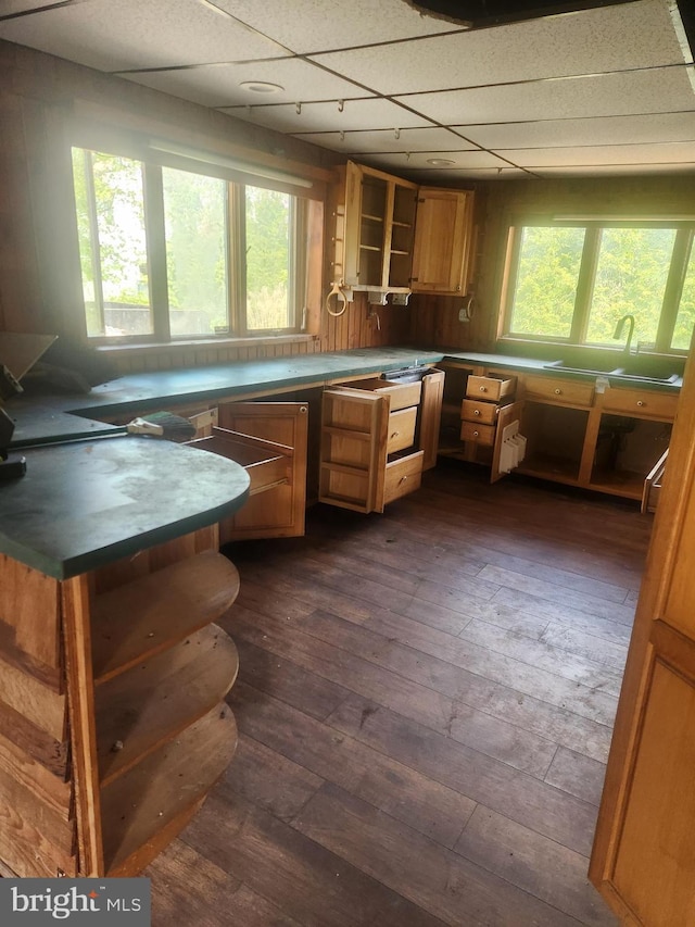 5573 Rte 9, Tuckerton, NJ 08087 - kitchen featuring dark wood finished floors, a sink, open shelves, a paneled ceiling, and brown cabinetry