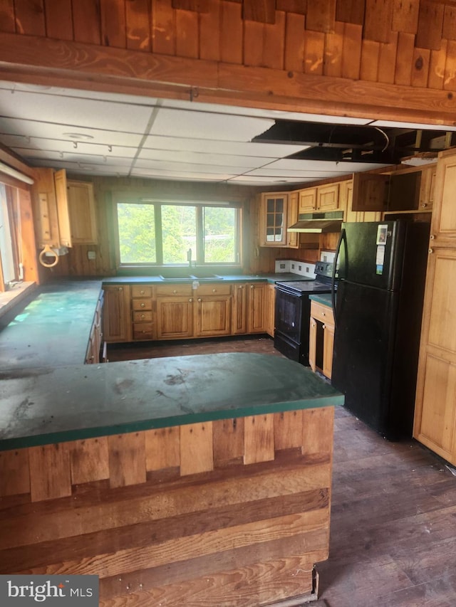 5573 Rte 9, Tuckerton, NJ 08087 - kitchen with black appliances, under cabinet range hood, a peninsula, dark countertops, and glass insert cabinets