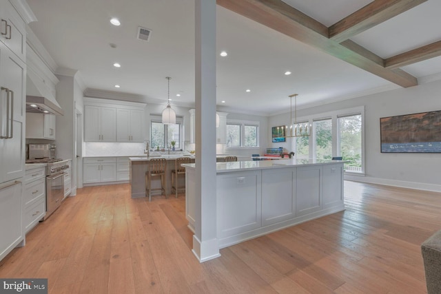 302 Jade Ct NW, Vienna, VA 22180 - kitchen featuring stainless steel range, light wood finished floors, ornamental molding, white cabinetry, and a large island