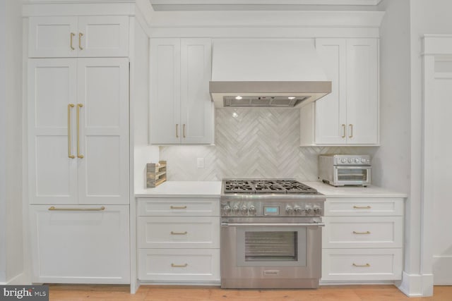 302 Jade Ct NW, Vienna, VA 22180 - kitchen featuring stainless steel stove, custom exhaust hood, backsplash, and light countertops