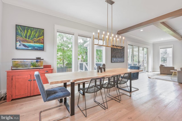 302 Jade Ct NW, Vienna, VA 22180 - dining space with beam ceiling, light wood-type flooring, crown molding, recessed lighting, and a chandelier