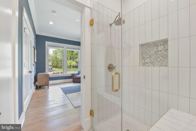 302 Jade Ct NW, Vienna, VA 22180 - bathroom featuring a shower stall, ornamental molding, wood finished floors, ensuite bathroom, and recessed lighting