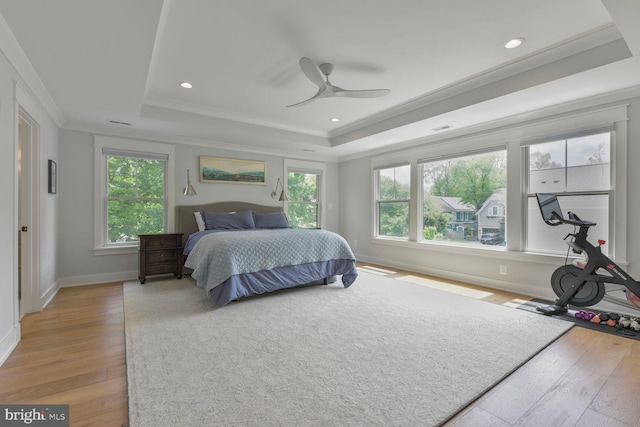 302 Jade Ct NW, Vienna, VA 22180 - bedroom with a tray ceiling, light wood-style flooring, ornamental molding, baseboards, and recessed lighting