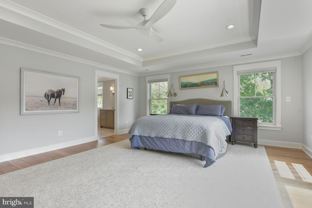 302 Jade Ct NW, Vienna, VA 22180 - bedroom with a raised ceiling, ornamental molding, wood finished floors, baseboards, and recessed lighting