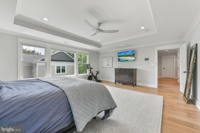 302 Jade Ct NW, Vienna, VA 22180 - bedroom featuring a raised ceiling, recessed lighting, light wood-style flooring, ornamental molding, and baseboards