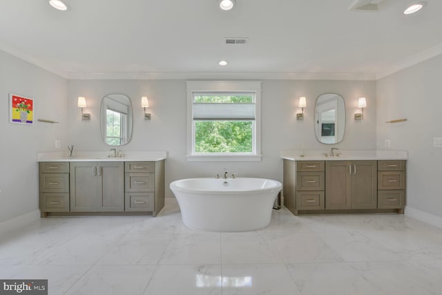 302 Jade Ct NW, Vienna, VA 22180 - full bath with marble look tile flooring, recessed lighting, baseboards, a freestanding bath, and crown molding