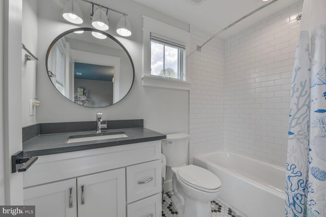 302 Jade Ct NW, Vienna, VA 22180 - bathroom with vanity, toilet, shower / bathtub combination with curtain, and tile patterned floors