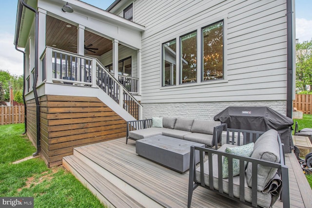 302 Jade Ct NW, Vienna, VA 22180 - wooden terrace with outdoor lounge area, a ceiling fan, fence, and a grill
