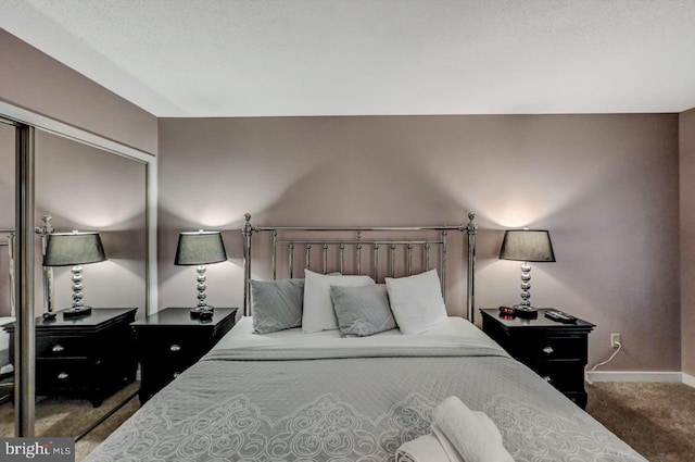 bedroom with carpet floors, baseboards, and a closet