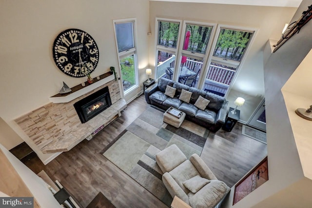 living room featuring wood finished floors, a high ceiling, and a stone fireplace