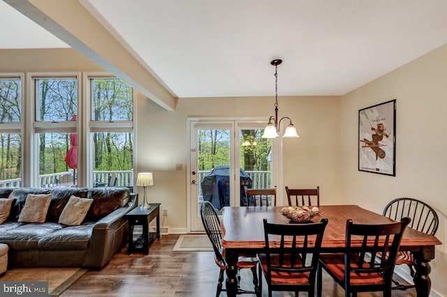 dining space with wood finished floors, a chandelier, and baseboards